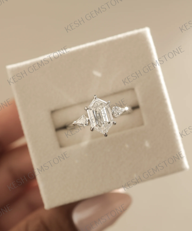 Elegant 3.25 Ct Elongated Hexagon Trilogy Diamond Engagement Ring in 925 Silver Over 14K Gold Plating