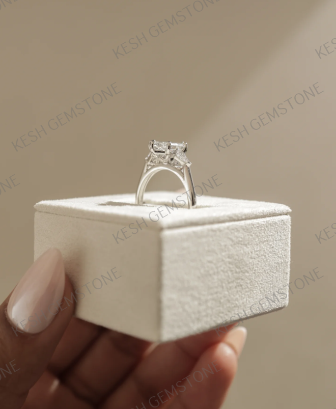 Elegant 3.25 Ct Elongated Hexagon Trilogy Diamond Engagement Ring in 925 Silver Over 14K Gold Plating