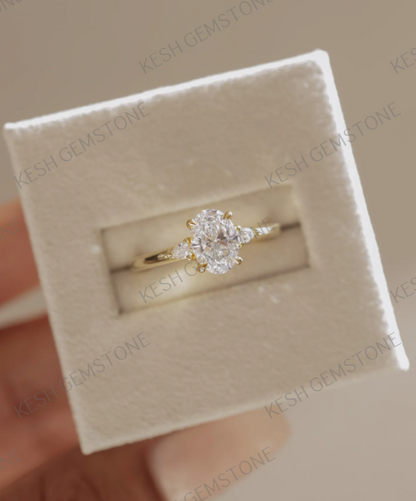 Oval Trilogy Diamond Engagement Ring in 925 Silver with 14K Gold Plating – 4.85 Ct