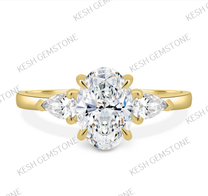 4.60 Ct Oval Trilogy Diamond Engagement Ring with Pear Side Stones in 14K Gold Plated 925 Silver