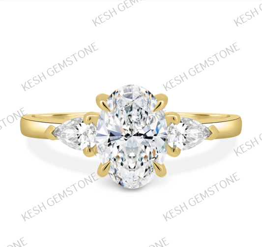 4.60 Ct Oval Trilogy Diamond Engagement Ring with Pear Side Stones in 14K Gold Plated 925 Silver