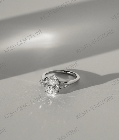 4.60 Ct Oval Trilogy Diamond Engagement Ring with Pear Side Stones in 14K Gold Plated 925 Silver