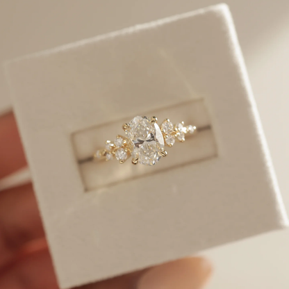 4.53 Ct Oval Cut White Diamond Ring with Side Clusters | F Color VS1 | 925 Silver with 14K Gold Plating