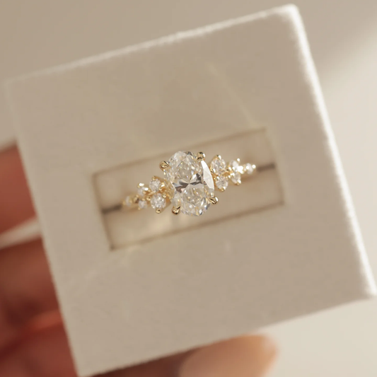 4.53 Ct Oval Cut White Diamond Ring with Side Clusters | F Color VS1 | 925 Silver with 14K Gold Plating