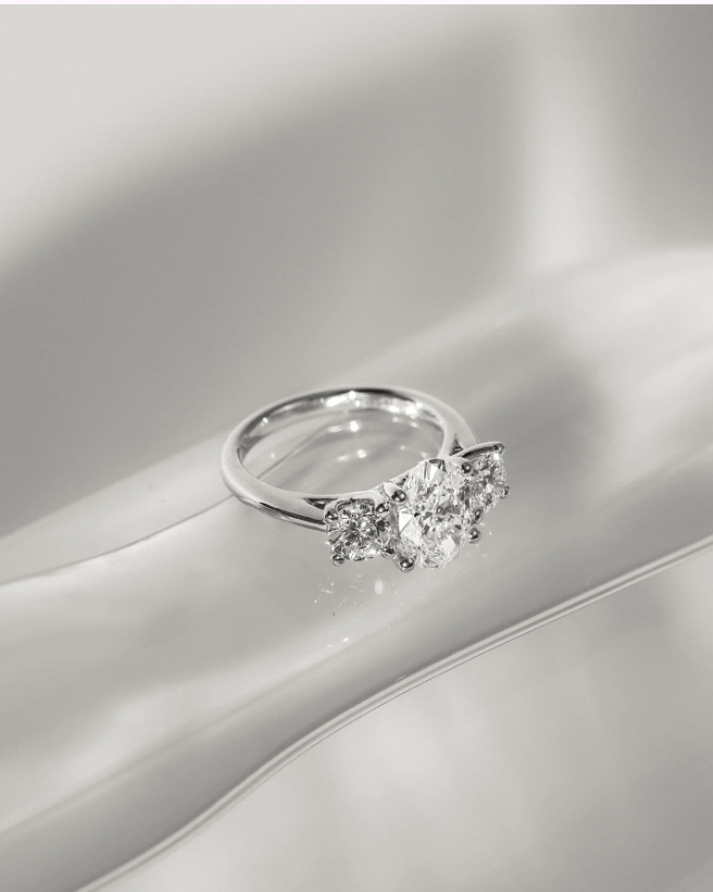 4.90 Ct Oval Trio Diamond Engagement Ring in 925 Silver with 14K Gold Plating