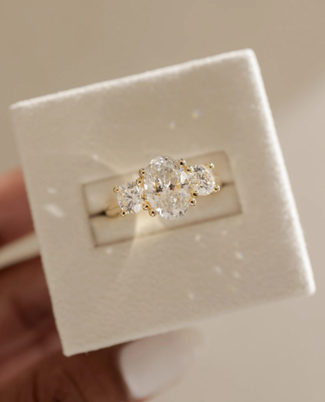 4.90 Ct Oval Trio Diamond Engagement Ring in 925 Silver with 14K Gold Plating