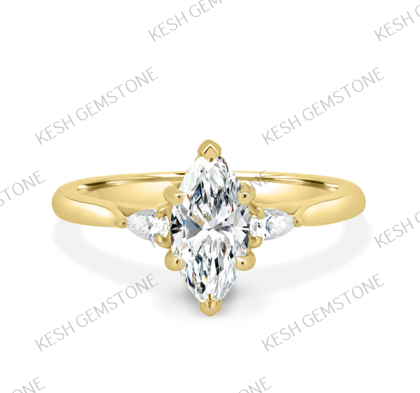 4.37 Ct Marquise White Diamond Three Stone Engagement Ring in 925 Silver with 14K Gold Plating | Handmade by Kesh Gemstone