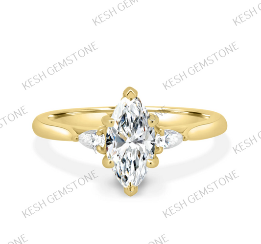 4.37 Ct Marquise White Diamond Three Stone Engagement Ring in 925 Silver with 14K Gold Plating | Handmade by Kesh Gemstone