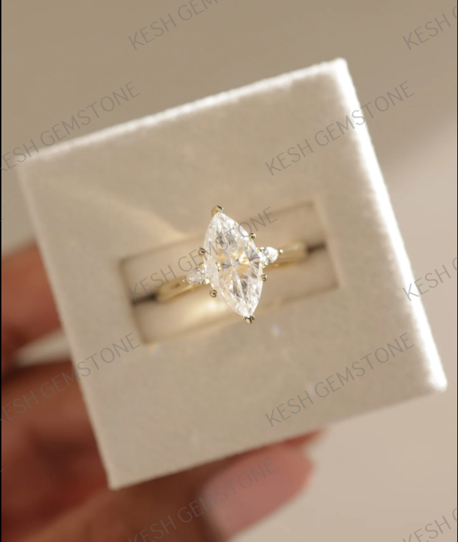 4.37 Ct Marquise White Diamond Three Stone Engagement Ring in 925 Silver with 14K Gold Plating | Handmade by Kesh Gemstone