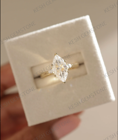 4.37 Ct Marquise White Diamond Three Stone Engagement Ring in 925 Silver with 14K Gold Plating | Handmade by Kesh Gemstone