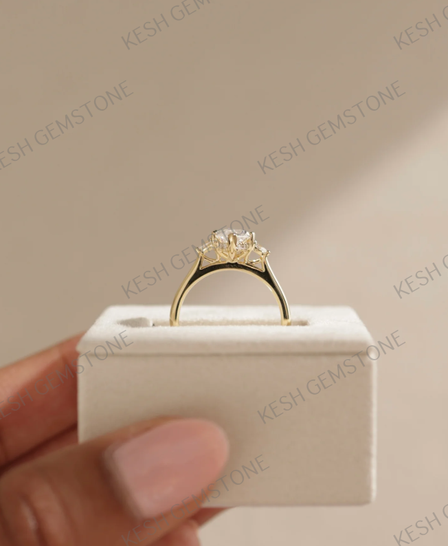 4.37 Ct Marquise White Diamond Three Stone Engagement Ring in 925 Silver with 14K Gold Plating | Handmade by Kesh Gemstone