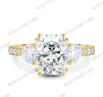 4.75 Ct Cushion Cut Diamond Trio Ring in 14K Gold Plated 925 Silver | Oval Side Stones | IGL&I Certified