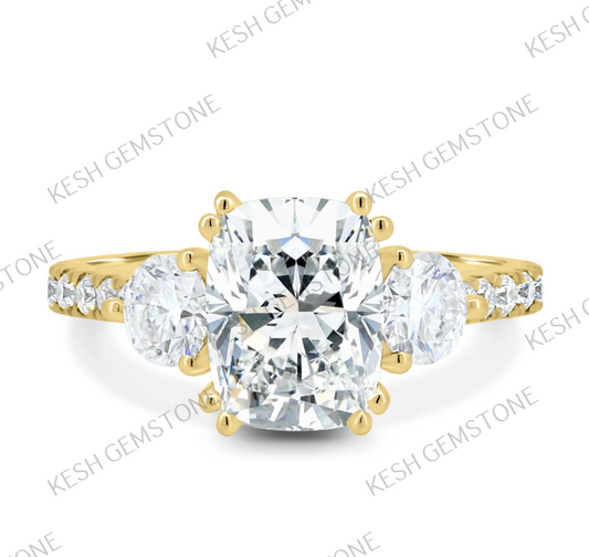 4.75 Ct Cushion Cut Diamond Trio Ring in 14K Gold Plated 925 Silver | Oval Side Stones | IGL&I Certified