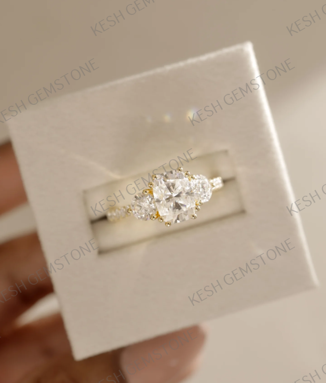 4.75 Ct Cushion Cut Diamond Trio Ring in 14K Gold Plated 925 Silver | Oval Side Stones | IGL&I Certified