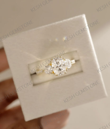 4.75 Ct Cushion Cut Diamond Trio Ring in 14K Gold Plated 925 Silver | Oval Side Stones | IGL&I Certified