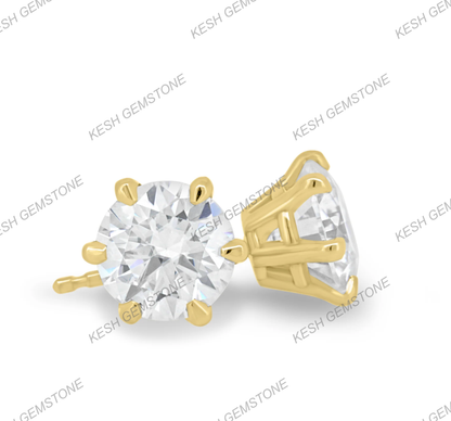 Round Brilliant Cut Diamond Stud Earrings | 2.00–2.24 Ct Total | VVS1 Clarity | E Color | 6-Claw Basket Setting | 925 Silver with 14K Gold Plating