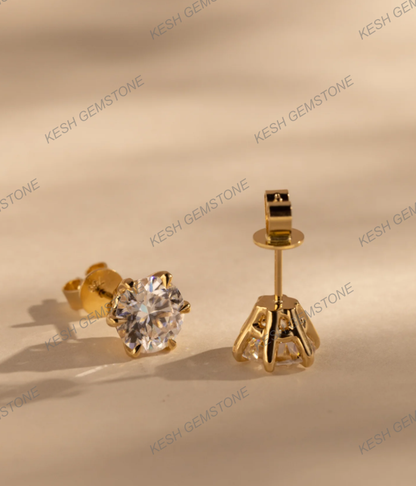 Round Brilliant Cut Diamond Stud Earrings | 2.00–2.24 Ct Total | VVS1 Clarity | E Color | 6-Claw Basket Setting | 925 Silver with 14K Gold Plating