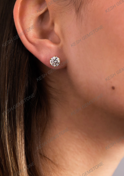 Round Brilliant Cut Diamond Stud Earrings | 2.00–2.24 Ct Total | VVS1 Clarity | E Color | 6-Claw Basket Setting | 925 Silver with 14K Gold Plating