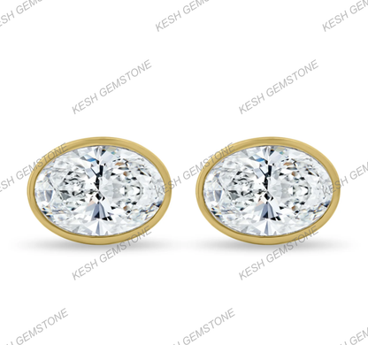 Elegant Oval Bezel Natural Diamond Stud Earrings in 14K Gold Finish on 925 Silver