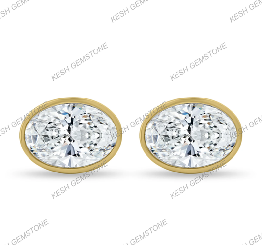 Elegant Oval Bezel Natural Diamond Stud Earrings in 14K Gold Finish on 925 Silver