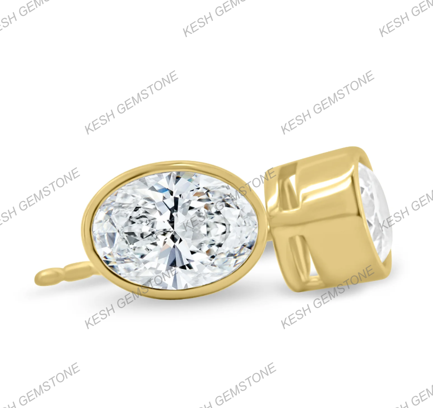 Elegant Oval Bezel Natural Diamond Stud Earrings in 14K Gold Finish on 925 Silver