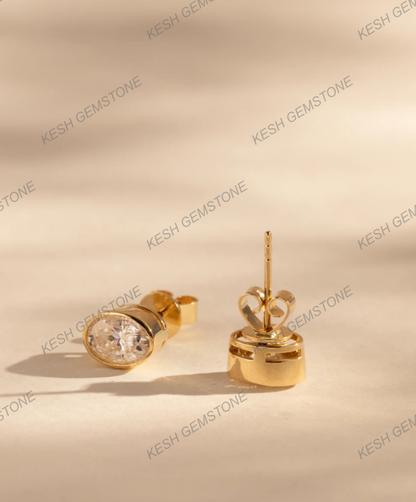 Elegant Oval Bezel Natural Diamond Stud Earrings in 14K Gold Finish on 925 Silver