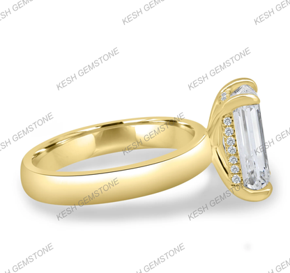5.90 Ct Certified Emerald Cut White Diamond Ring with Hidden Halo & Cigar Band – 925 Silver with 14K Gold Finish