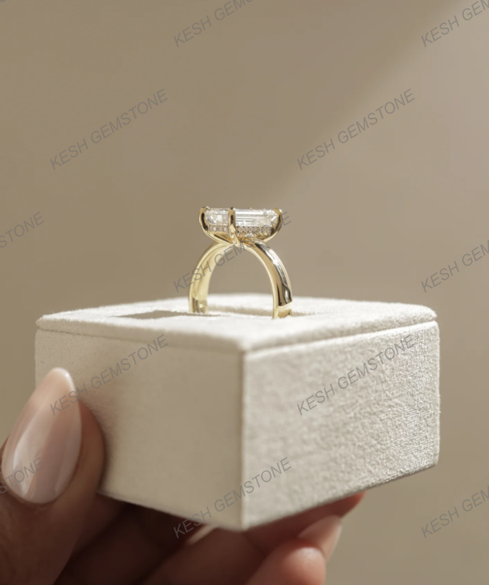 5.90 Ct Certified Emerald Cut White Diamond Ring with Hidden Halo & Cigar Band – 925 Silver with 14K Gold Finish