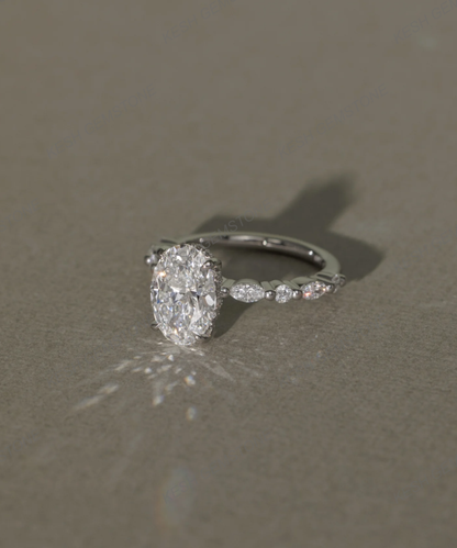 4.60 Ct Oval Cut Diamond Ring with Hidden Halo & Accent Stones | Certified Natural | 14K Gold Plated 925 Silver