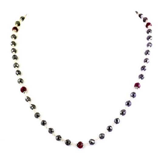 Certified 4mm Black Diamond Chain Necklace with Ruby Gemstone Beads | New Design & Exceptional Shine