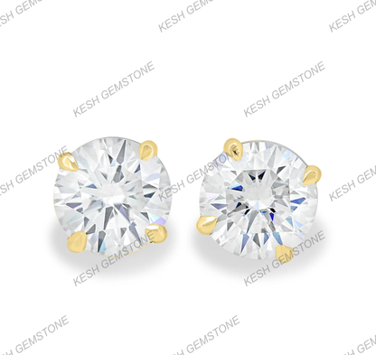 Round Brilliant Diamond Stud Earrings in 4 Claw Setting | VVS Clarity | Solid 925 Silver with 14K Gold Plating