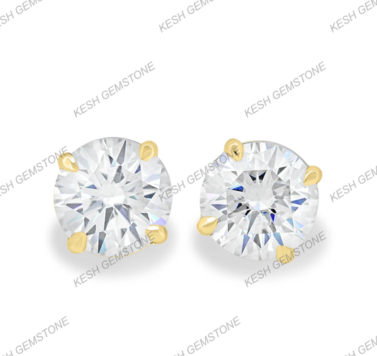 Round Brilliant Diamond Stud Earrings in 4 Claw Setting | VVS Clarity | Solid 925 Silver with 14K Gold Plating