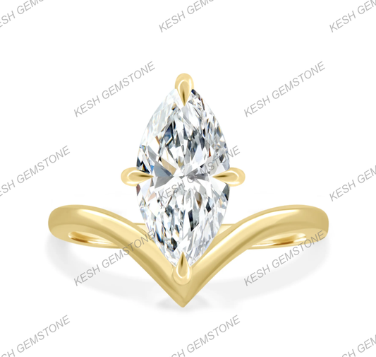 4.00 Ct Certified Marquise Cut White Diamond Ring with Deep V Band – 14K Gold Plated 925 Silver | Elegant Solitaire Design