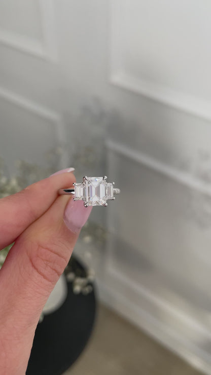 4.90 Ct Emerald Cut Trilogy Engagement Ring | Natural HPHT White Diamonds | 925 Silver with 14K Gold Plating | Kesh Gemstone